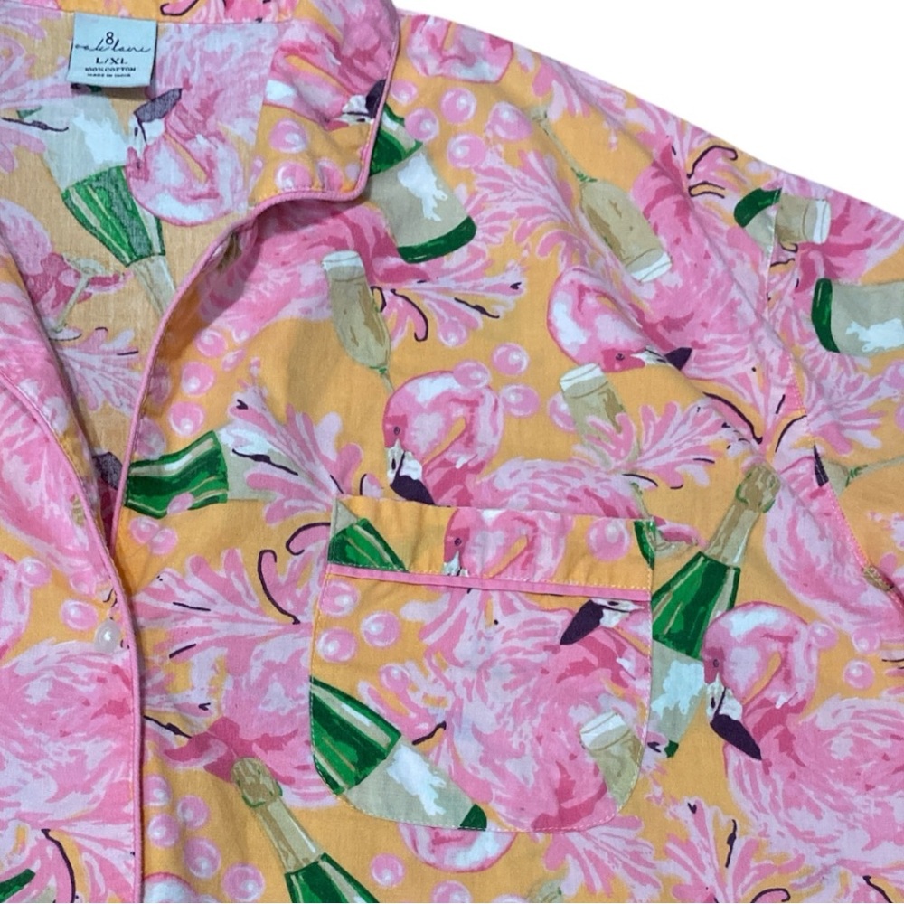 8 Oak Lane Flamingo Bubbly Long Sleeve Cotton Shorts Set Button-up Top Size L/XL - Picture 8 of 12